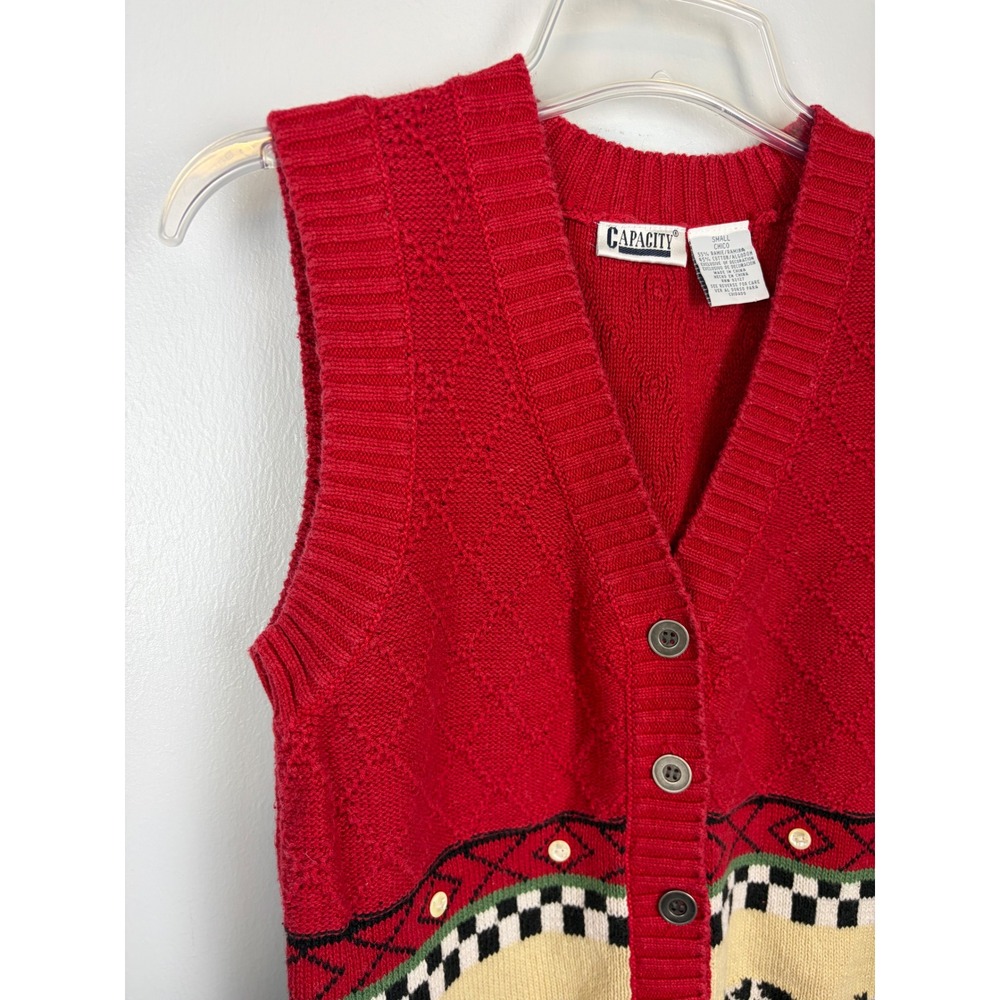 Vintage Capacity Red Cow Print Cardigan Vest Small‎ Ramie Cotton Knit Button Up - Picture 6 of 9